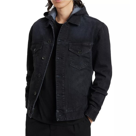 John Varvatos Collection Men's Tyler Trucker Jacket Removable Hoodie Blue Black - Picture 1 of 8